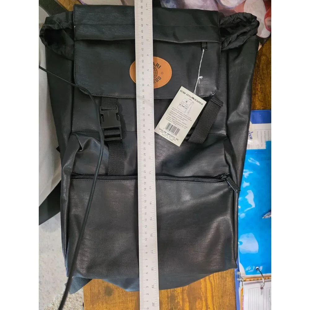 Vintage Safari Express Black Faux Leather Roll Top Backpack NWT Y2K Travel Bag